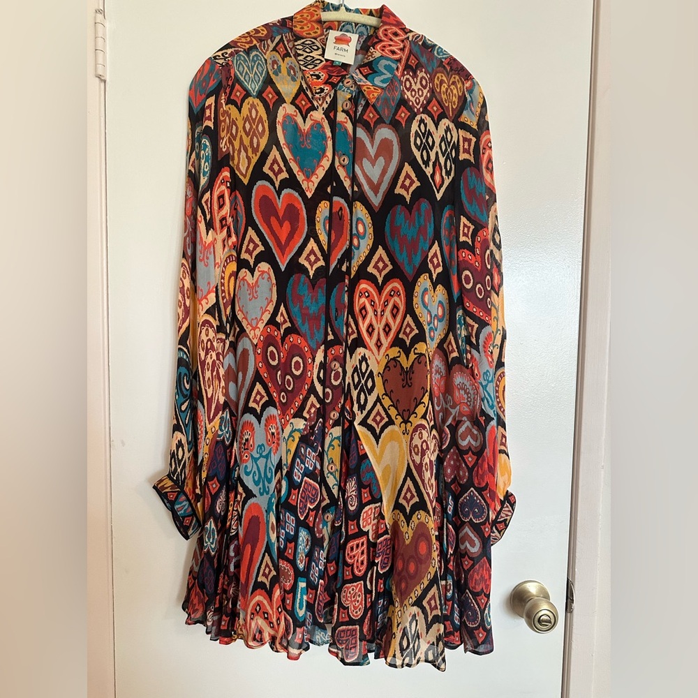 💗ROMANTIC FARM Rio Multicolor Heart-Print Long Sleeve Pleated Shift Dress